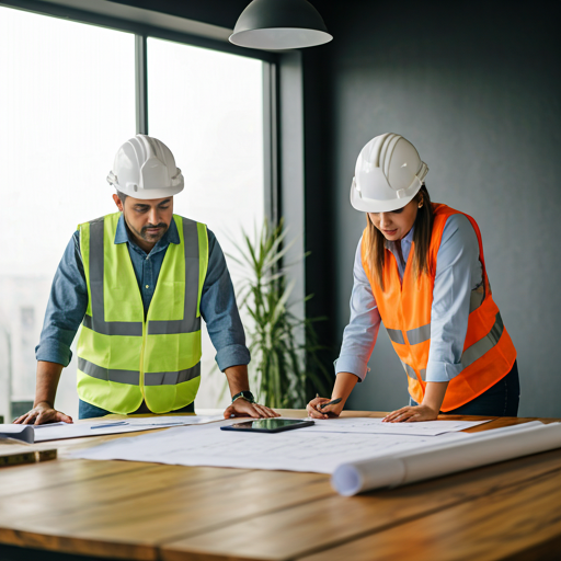 Professional construction management team reviewing blueprints in a modern office.