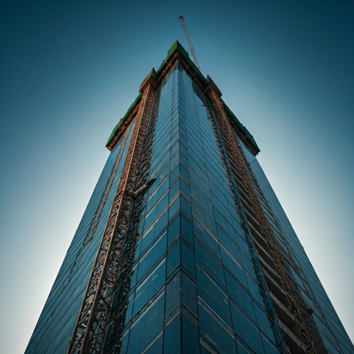 Modern skyscraper under construction at sunrise, representing industrial strength and engineering precision.